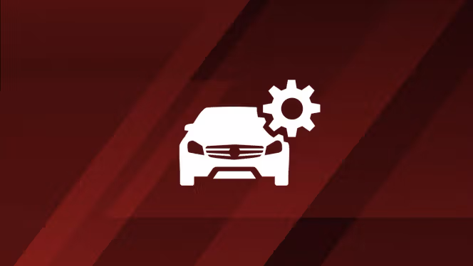 Symbolic AMG vehicle with a symbolic gear in fron of a red striped background.