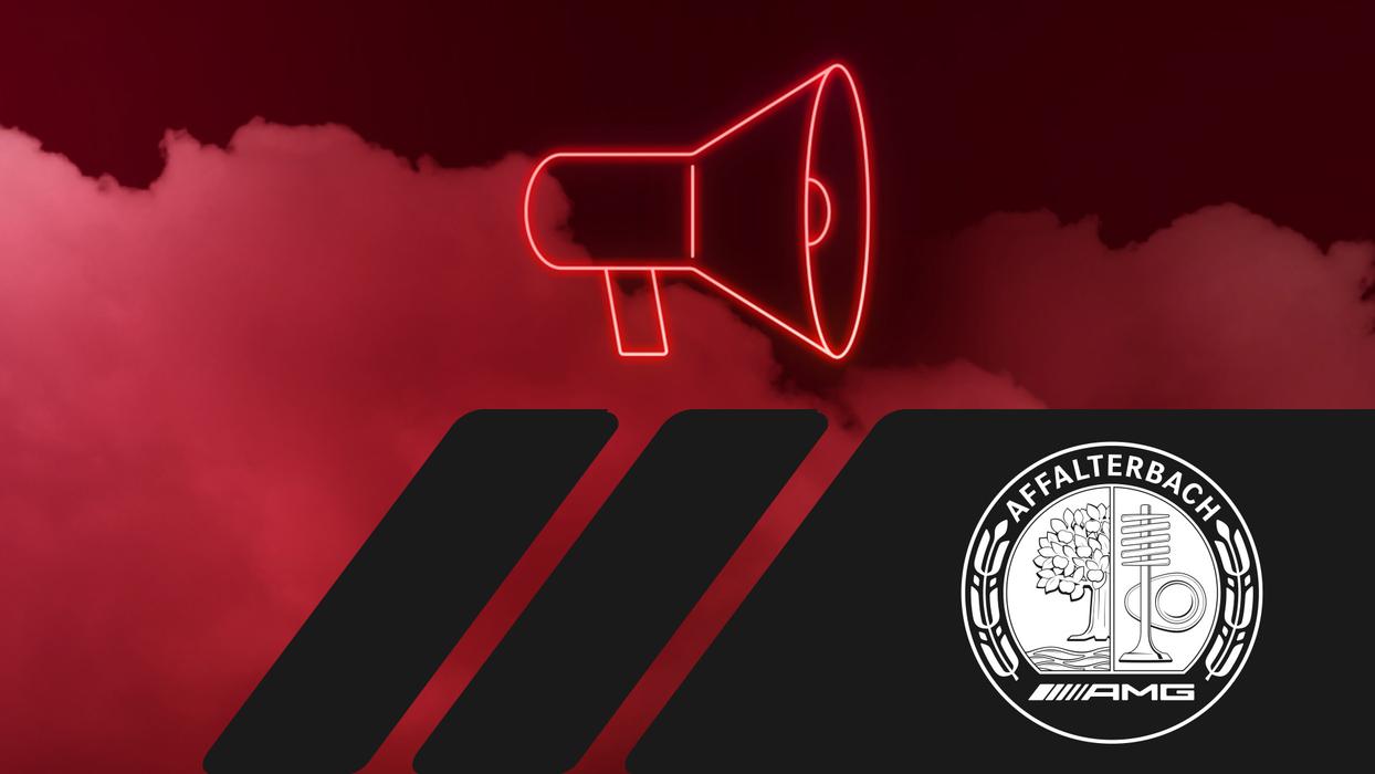 An image collage with clouds in red monochrome, a graphic element in the form of a megaphone and a black surface at the bottom of the image, showing part of the AMG logo and the iconic AMG Affalterbach emblem.