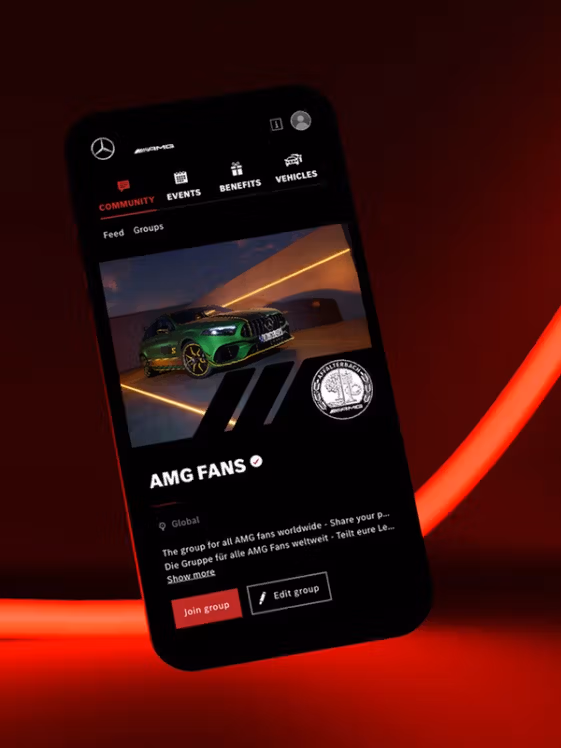 Smartphone showing the group overview of the AMG Fans Group