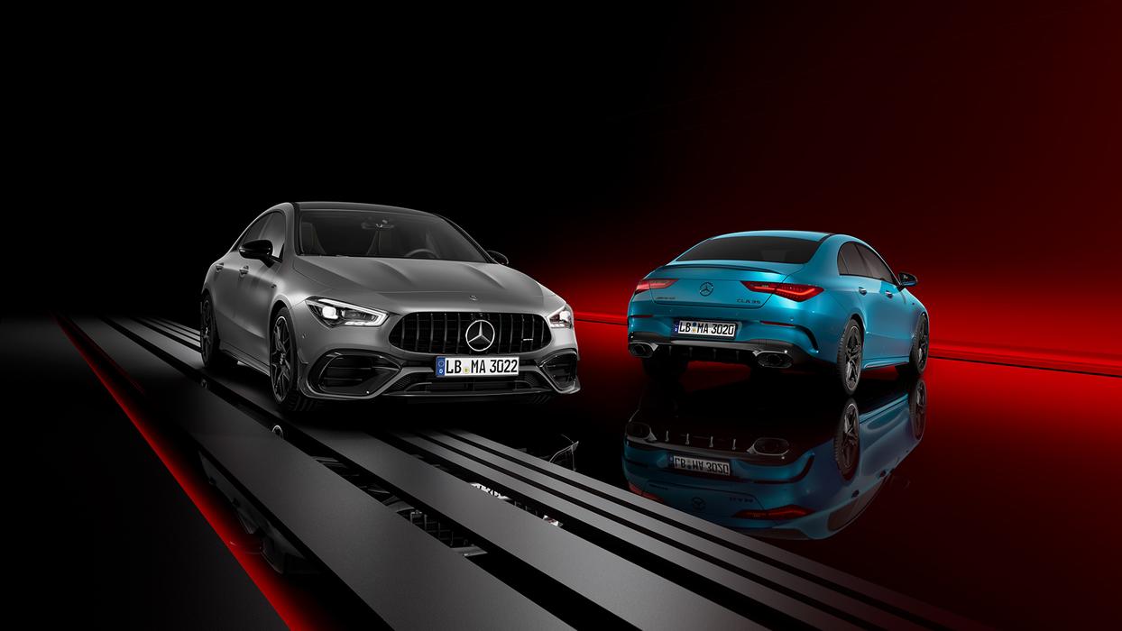 The Mercedes-AMG CLA 35 Coupé and Mercedes-AMG CLA 45 S Coupé stand side by side