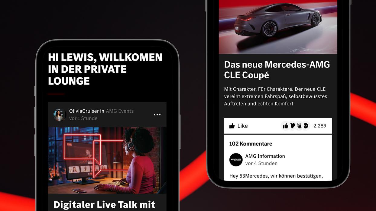 Zwei Smartphones mit unterschiedlichen Ansichten des Community Feeds auf dem Display