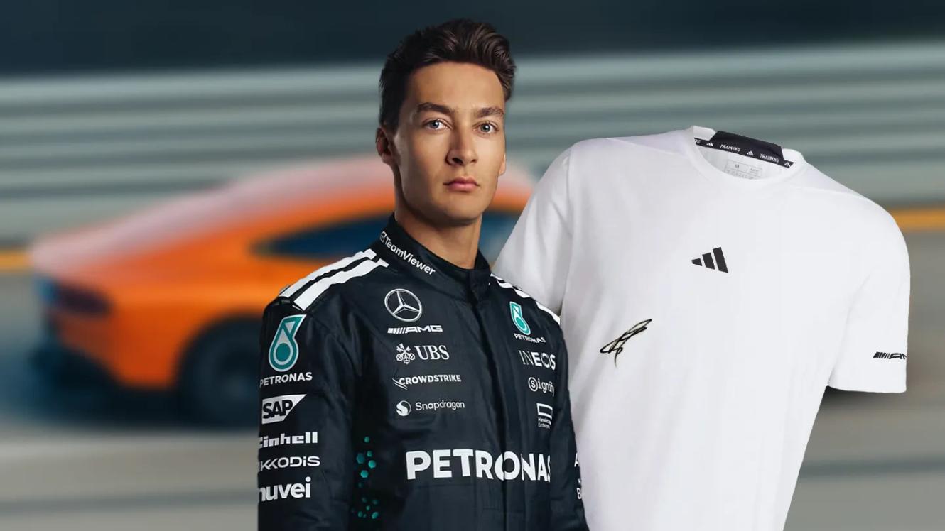 George Russell und ein unterschriebenes AMG Nardo Shirt