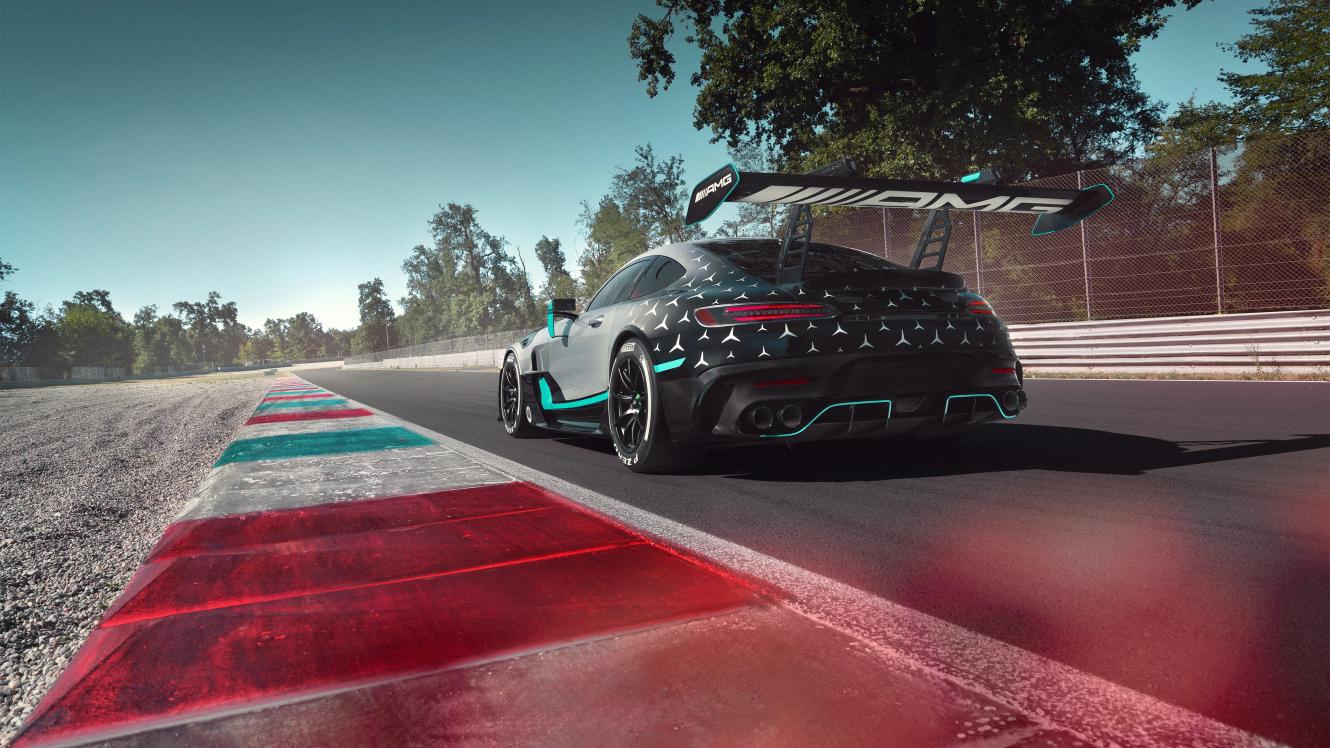 Rear view of the Mercedes-AMG GT2 Edition W16 on the race track