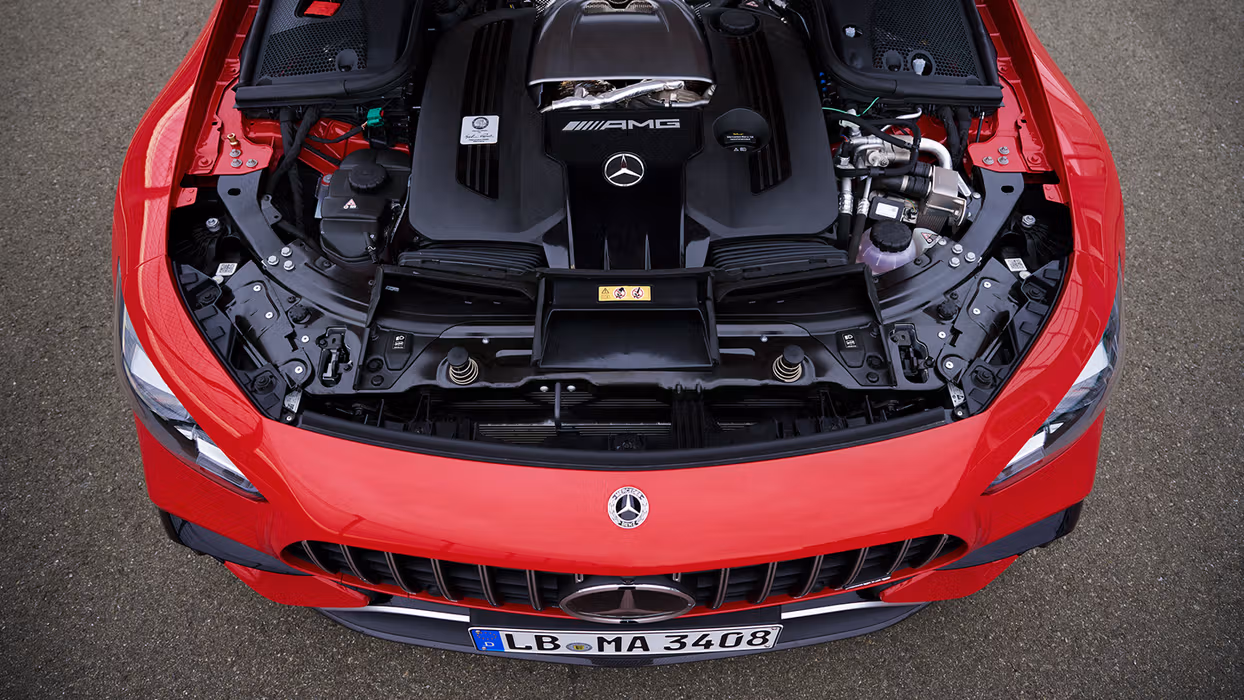 The engine compartment of a Mercedes-AMG GT 63 S E Performance
