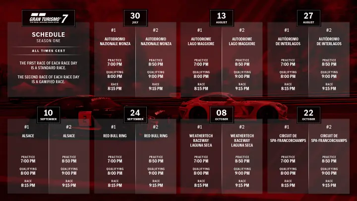A graphic showing the race calendar for Gran Turismo 7.