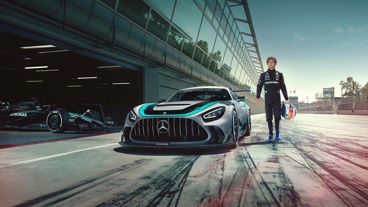 The new Mercedes-AMG GT2 Edition W16 Side by side in front of the W16, alongside Kimi Antonelli