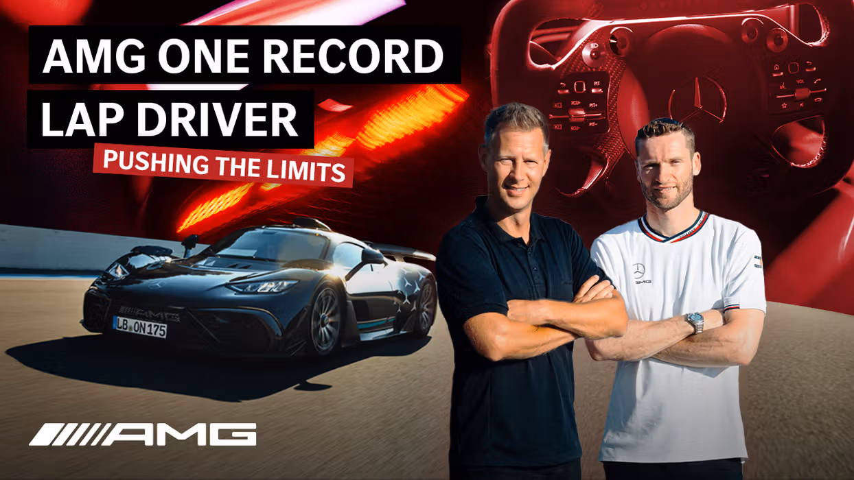AMG Allstar Matthias and Maro stand in front of an AMG One.