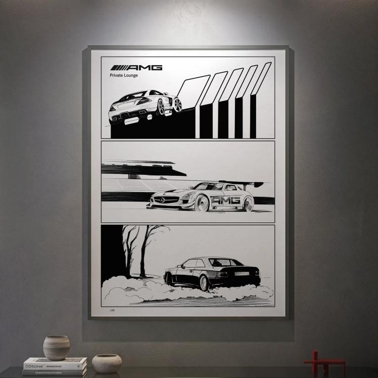 Die eingerahmte AMG Private Lounge Designskizze