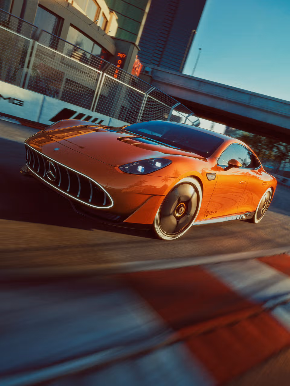 Concept AMG GT XX in Kurvenfahrt auf einer städtischen Rennstrecke