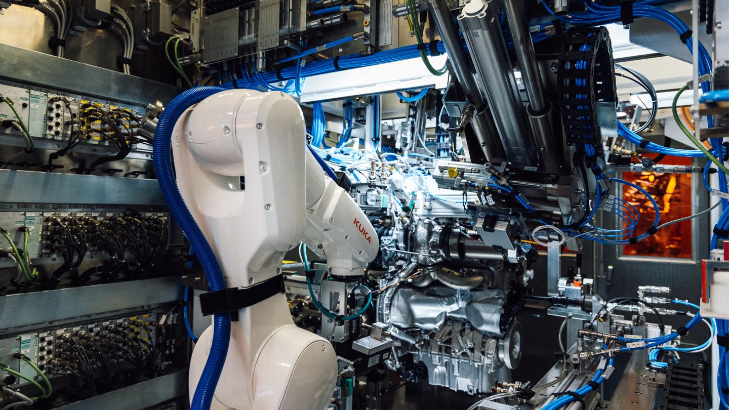 A robot in engine manufacturing