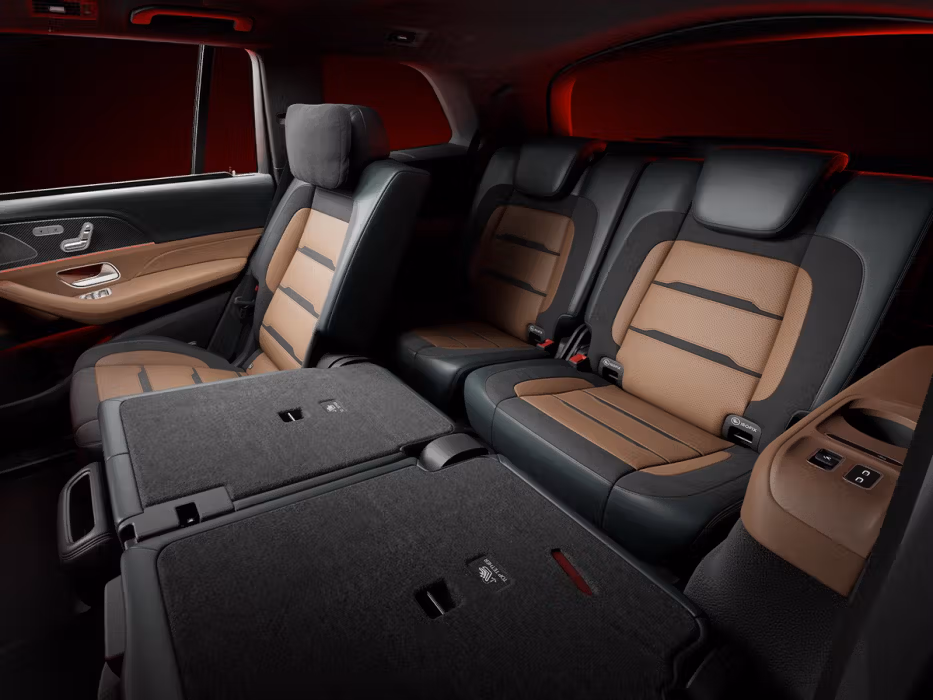 View of the extended seating options with the seats folded down in the new Mercedes-AMG GLS 63 SUV.