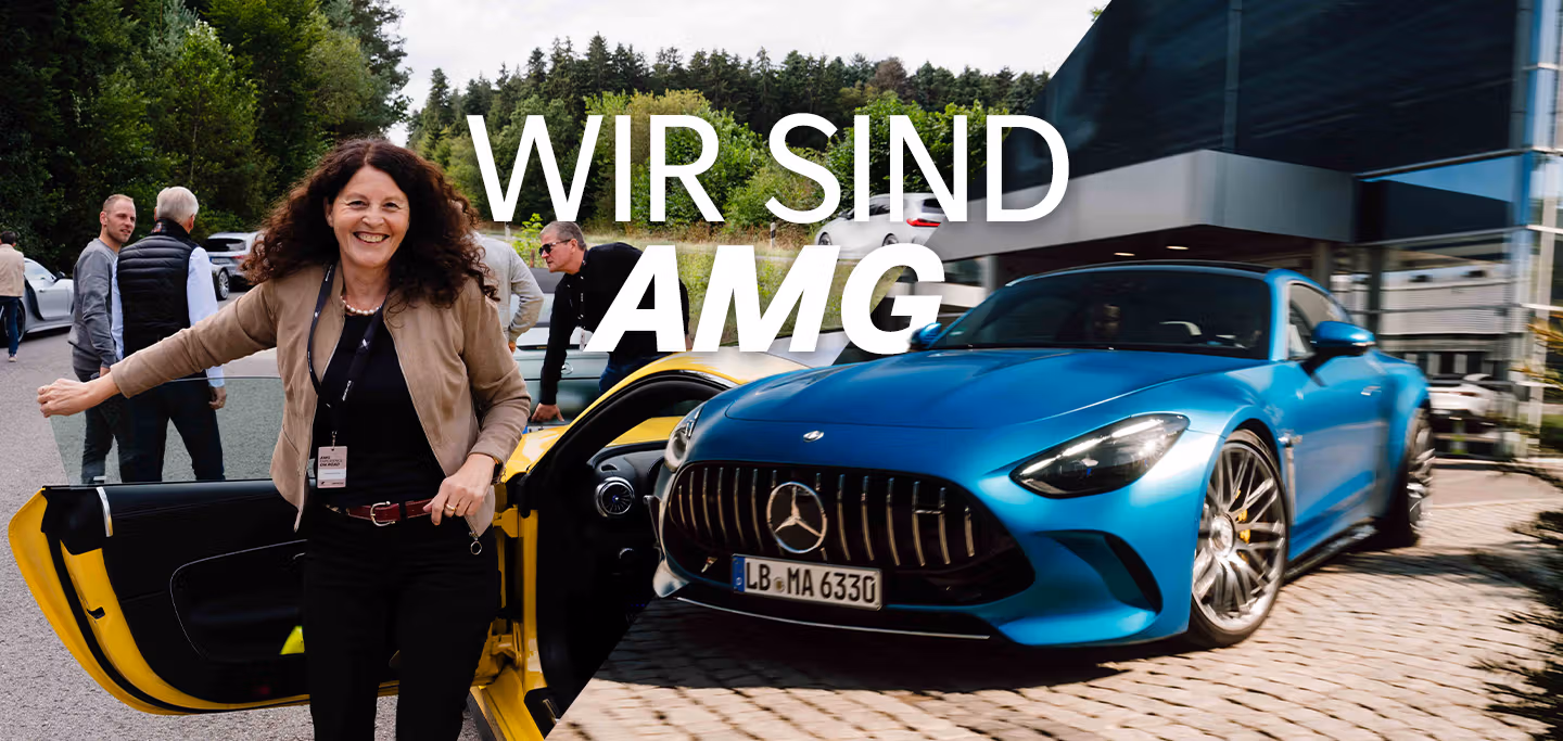 Eine Frau steigt aus einem Auto und auf dem Bild steht "WIR SIND AMG"