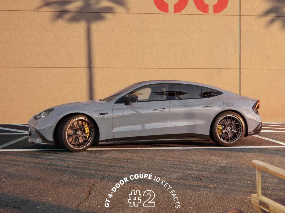 Mercedes-AMG GT 4-Door Coupé in a parking space with a taupe wall in the background