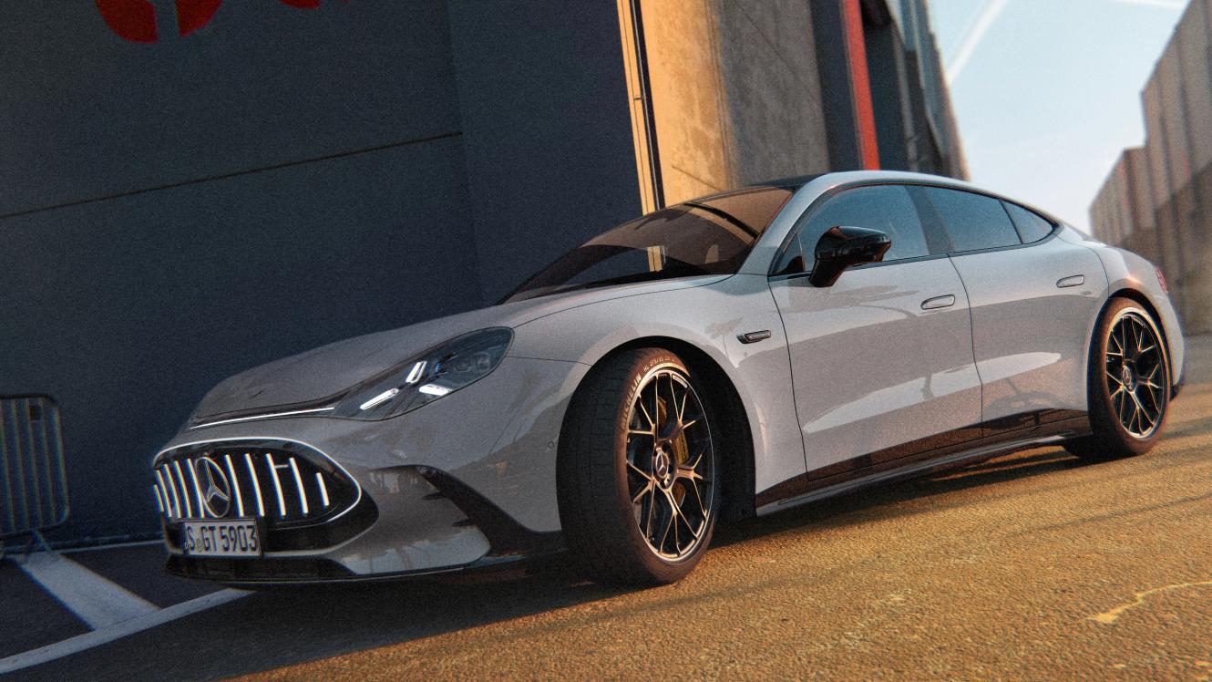 Front and side view of the Mercedes-AMG GT 4-Door Coupé