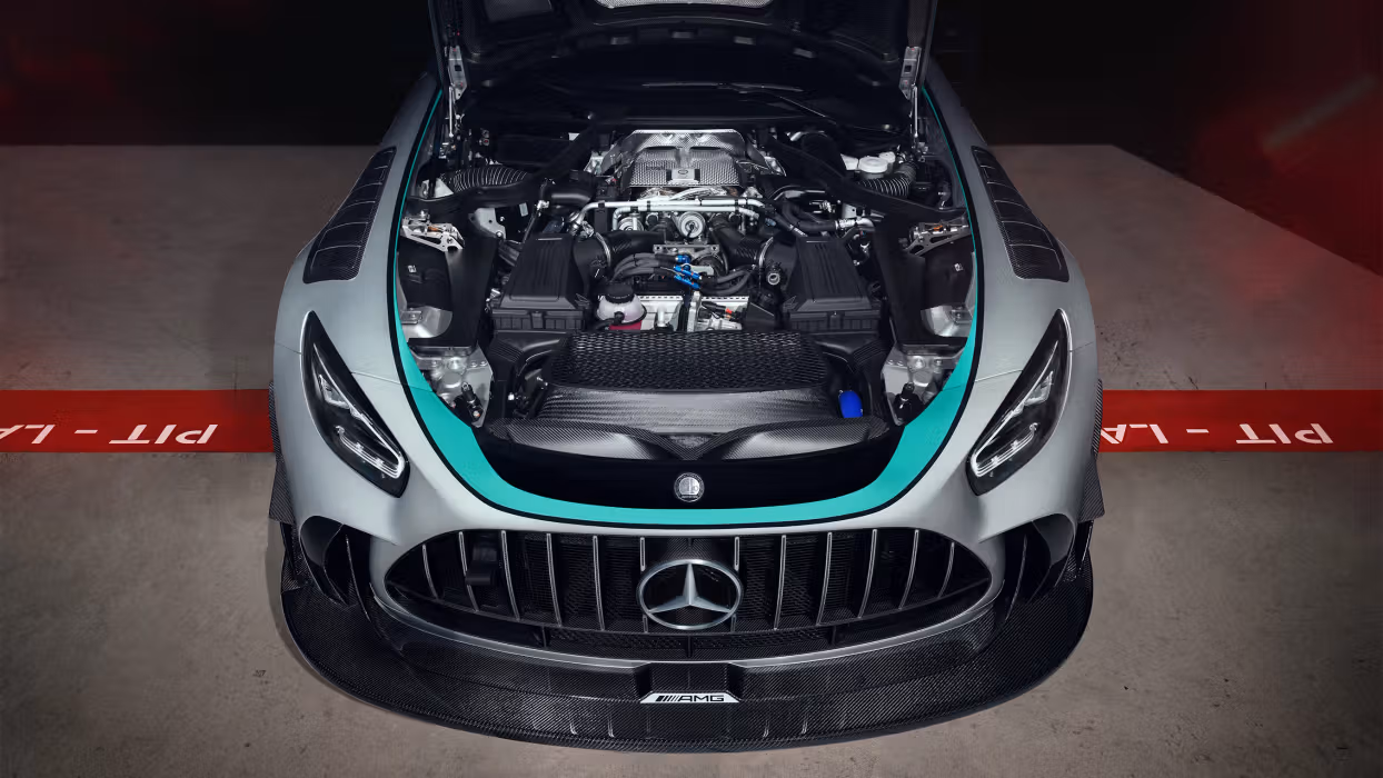 View of the engine compartment of the Mercedes-AMG GT2 Edition W16