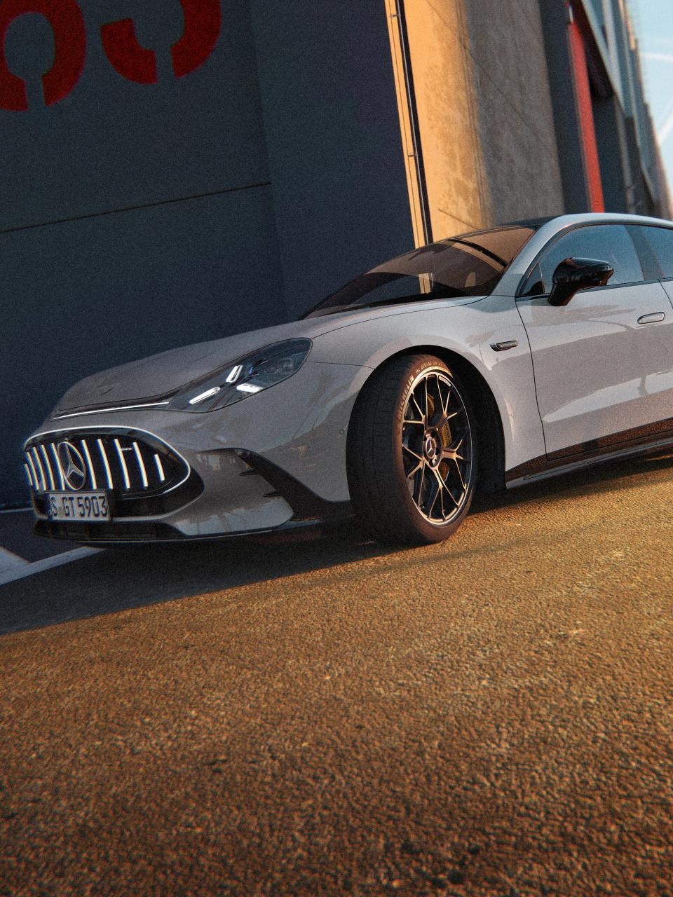 Front and side view of the Mercedes-AMG GT 4-Door Coupé