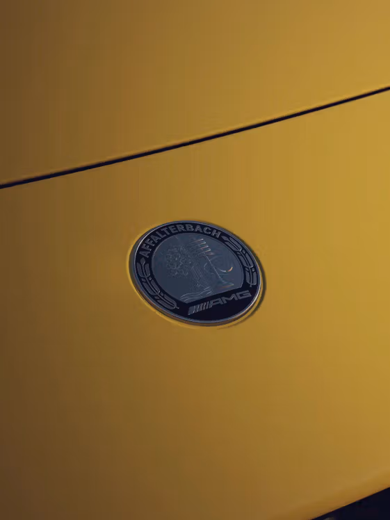 Nahaufahme des Mercedes-AMG Emblemes auf der Motorhaube des Mercedes-AMG GT Coupé 43.