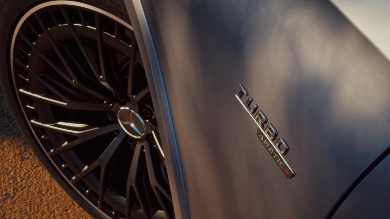 Close-up of the "Turbo 4MATIC+" lettering.