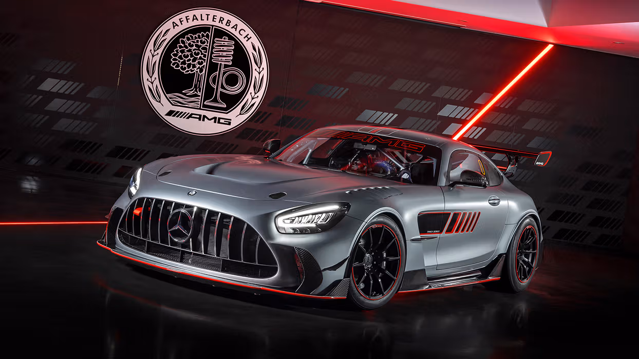 Dynamic front side view of the Mercedes-AMG GT Track Series