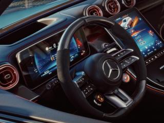 Close-up of the AMG Performance steering wheel.