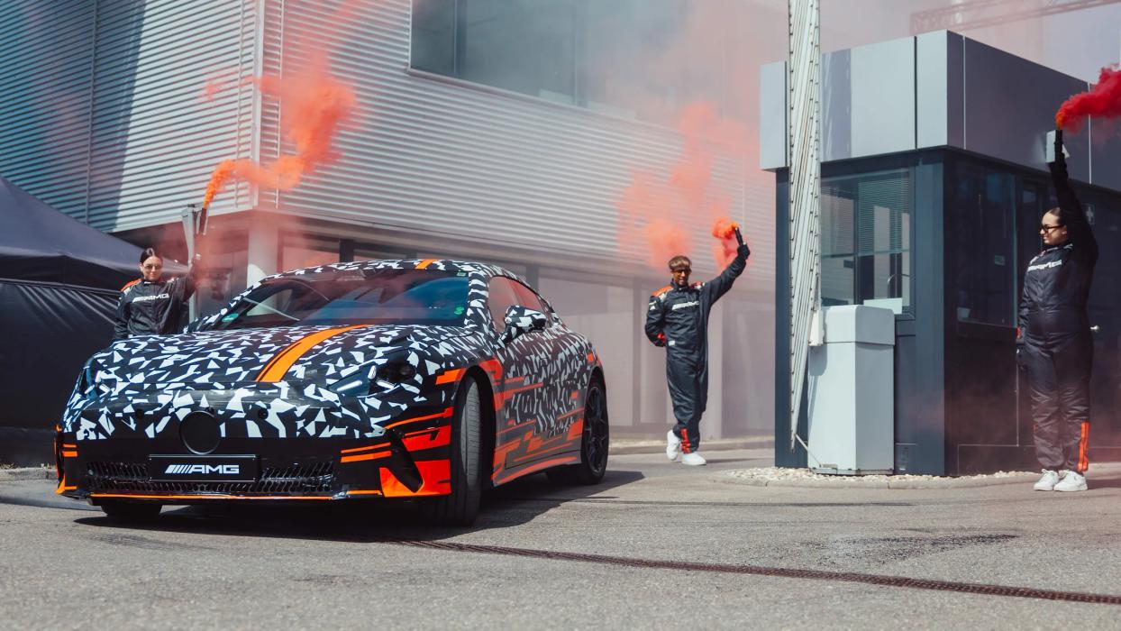 The Concept AMG GT XX as a prototype with lots of smoke