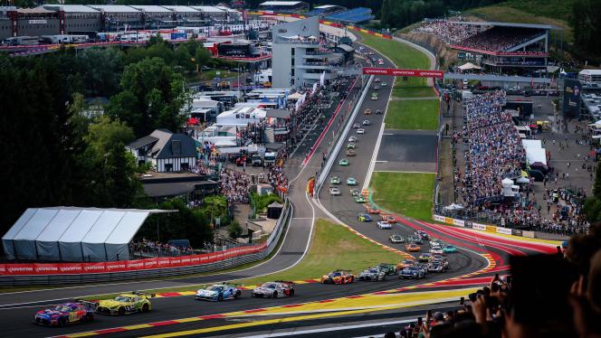 Drone shot of all the racing cars at Spa