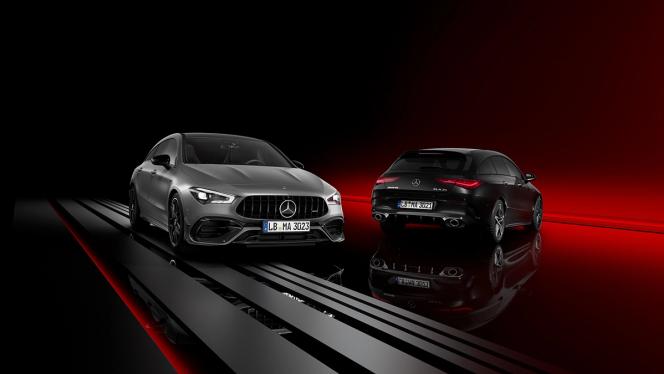 Der Mercedes-AMG CLA 35 Shooting Brake und Mercedes-AMG CLA 45 S Shooting Brake stehen nebeneinander