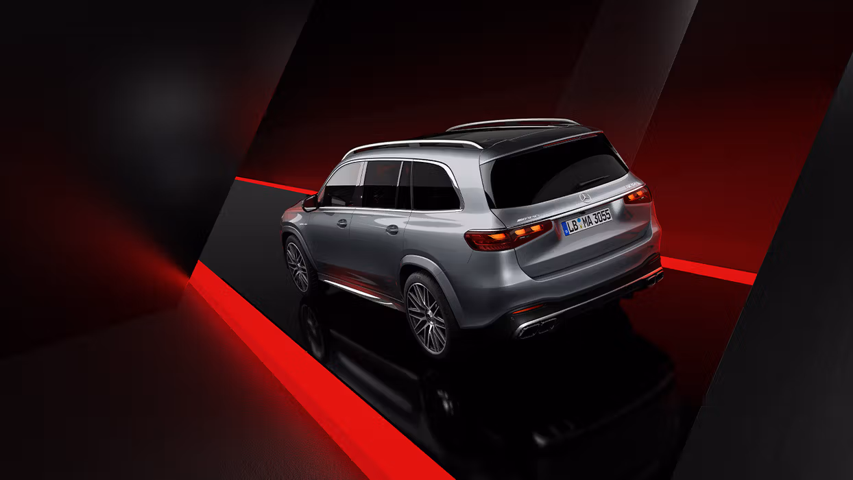 Side rear view of the Mercedes-AMG GLS 63 SUV in silver colour.