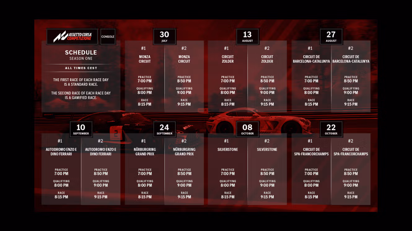 A graphic showing the race calendar for Assetto Corsa Competizione Console.
