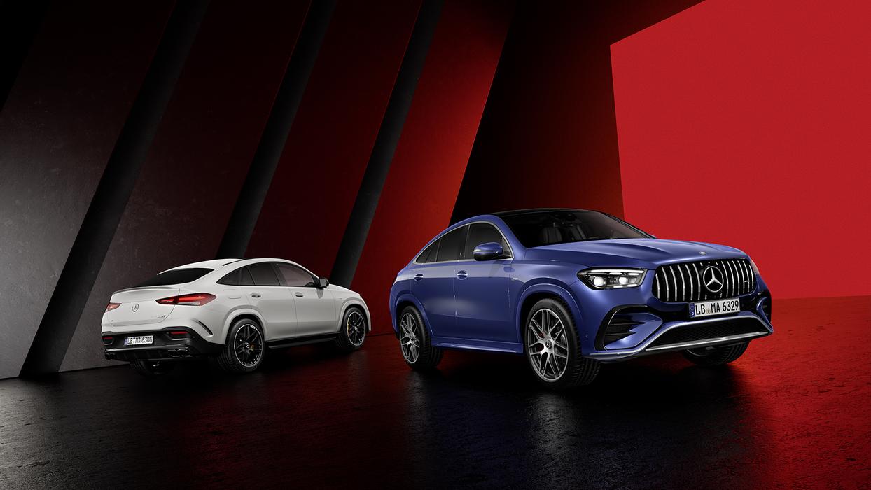 Front and rear view of two Mercedes-AMG GLE 4MATIC+ Coupés