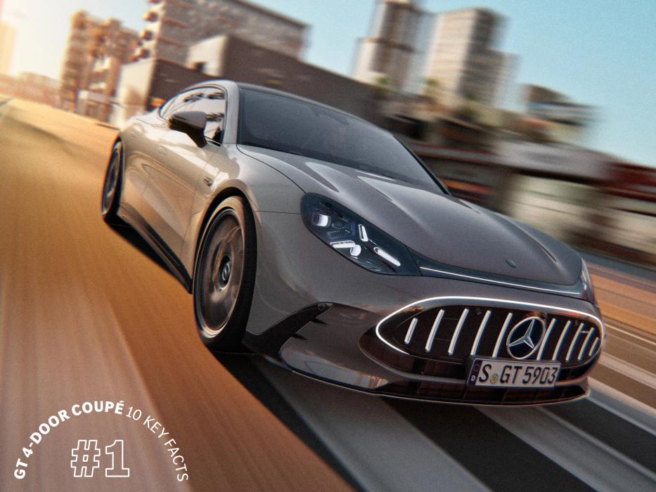  Mercedes-AMG GT 4-Door Coupé accelerating with industrial buildings in the background