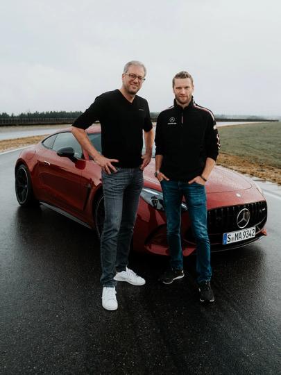 Product manager Matthias and Moderator Maro with the Mercedes-AMG GT Coupé