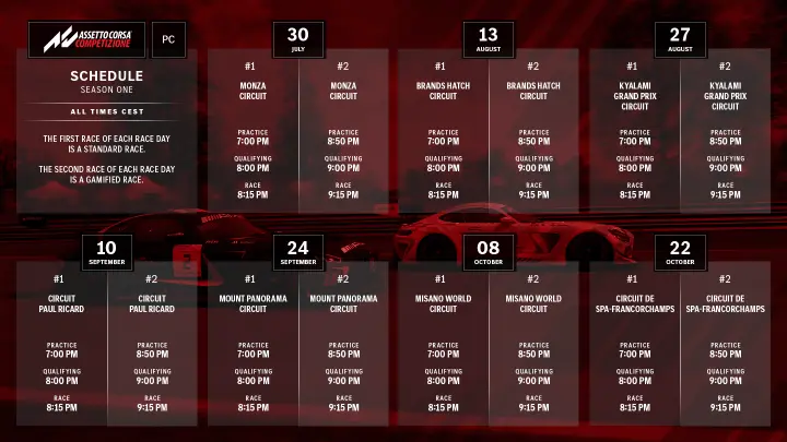 A graphic showing the race calendar for Assetto Corsa Competizione PC.