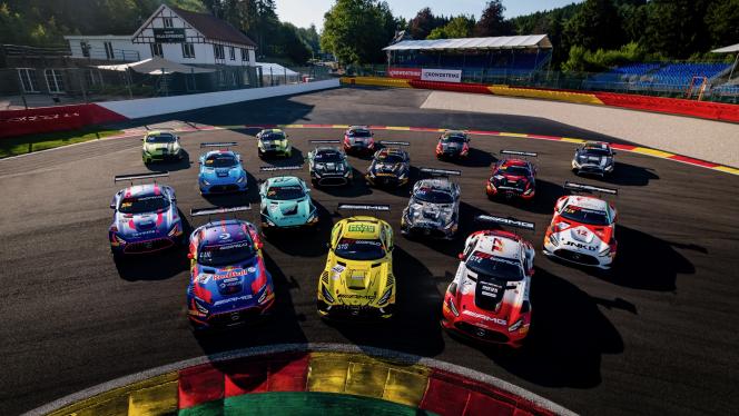 All the Mercedes-AMG GTs are parked on a bend at Spa
