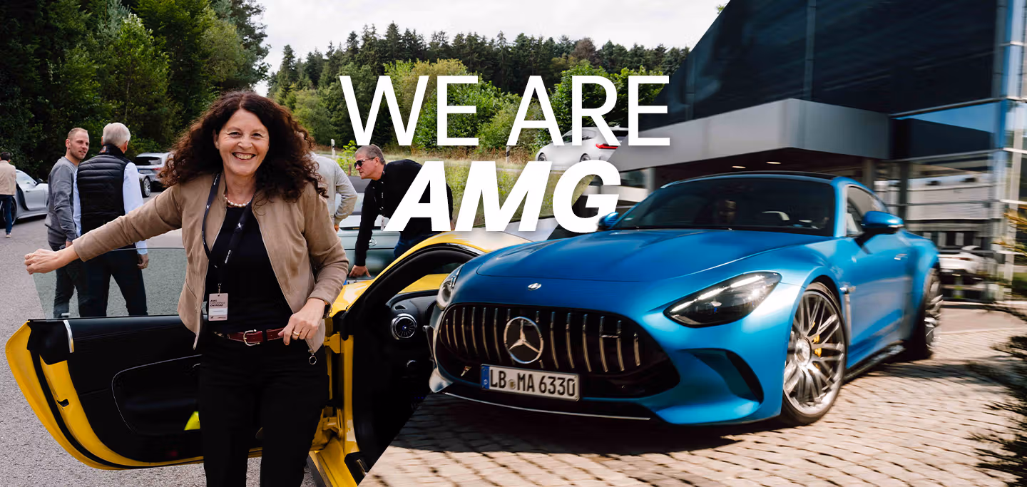 A woman gets out of a car and the picture says ‘WE ARE AMG’