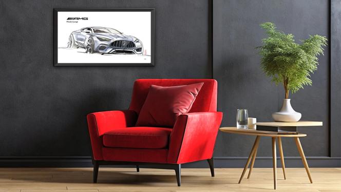 Exklusive AMG Designskizze hängt über einem roten Sessel.