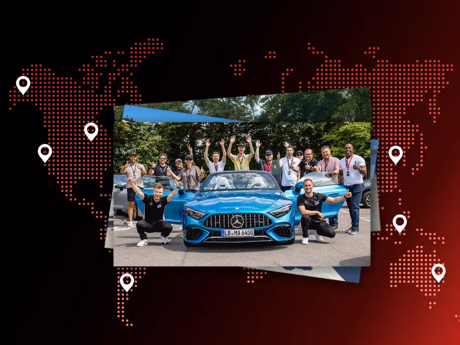 A PL member gathering with a world map in the background